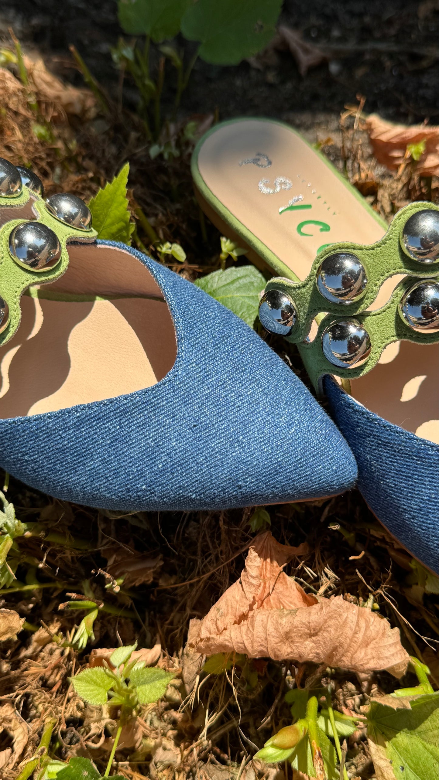 NEBULA – Sabot in Denim con Maxi Sfere Riflettenti Made in Italy