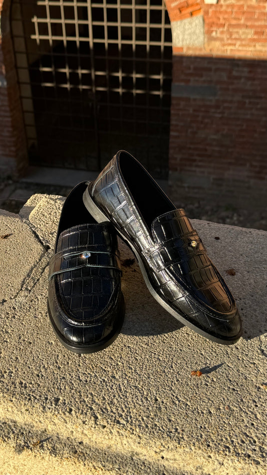 LUCE - Mocassino in Pelle stampa Cocco con Dettaglio Gioiello Made in Italy